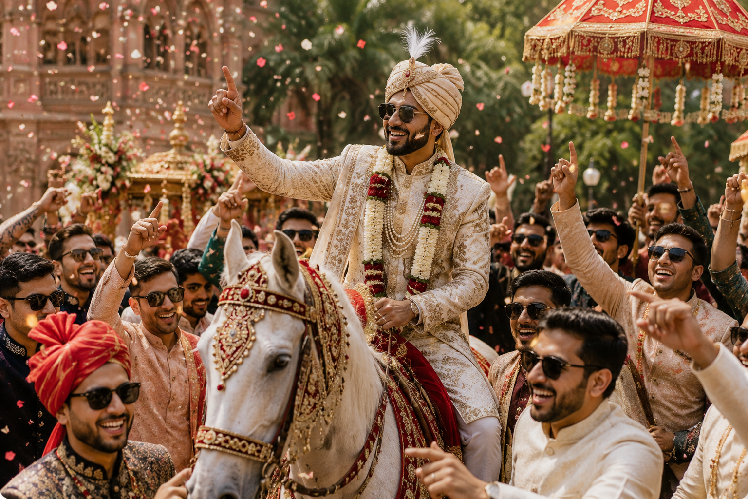 Groom on horse during baraat Indian wedding procession