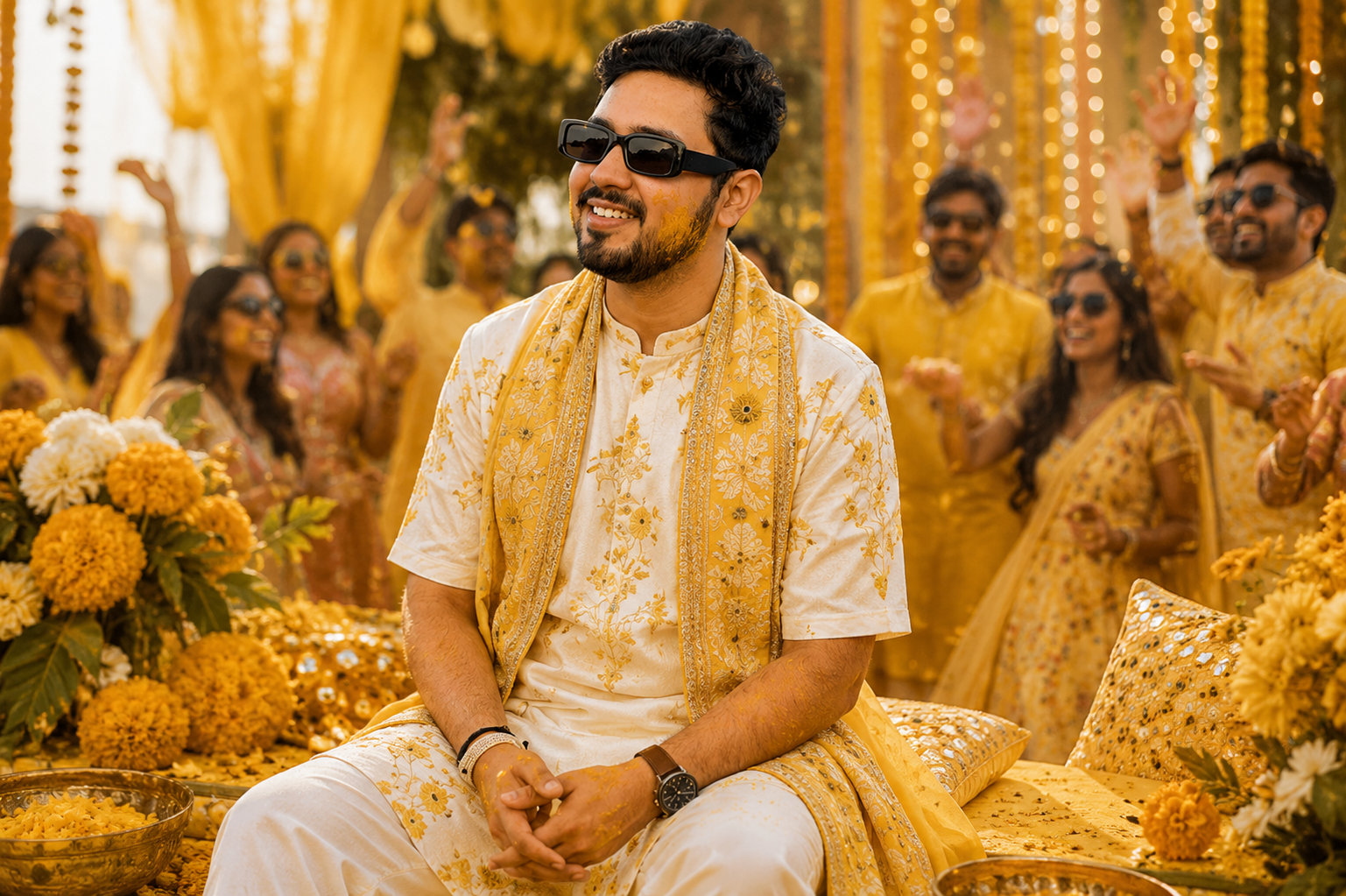 Groom in white kurta with gold dupatta at Haldi