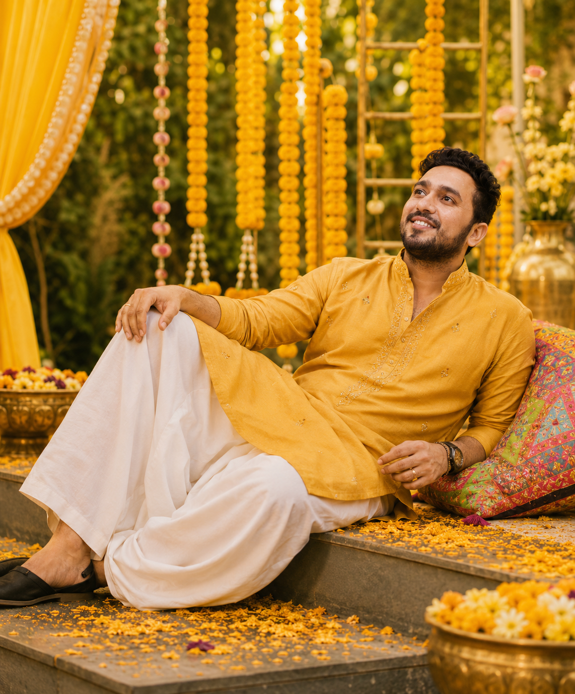 Man in yellow kurta and white pyjama at Haldi
