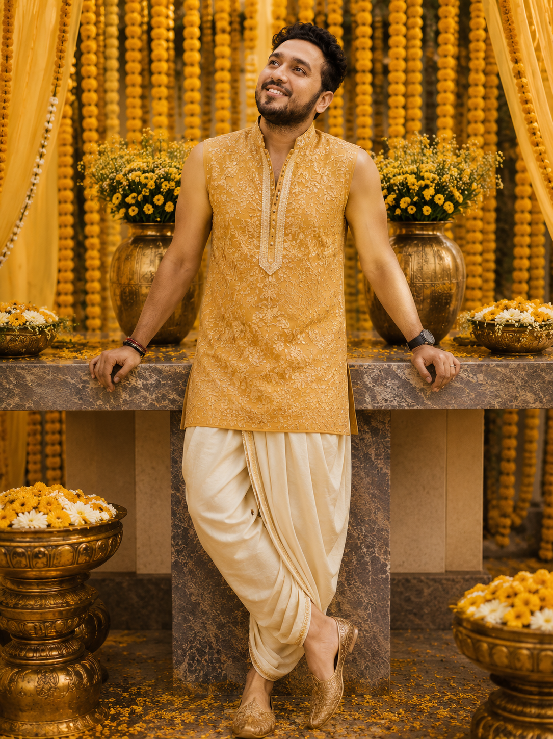 Man in sleeveless golden kurta and cream dhoti at Haldi