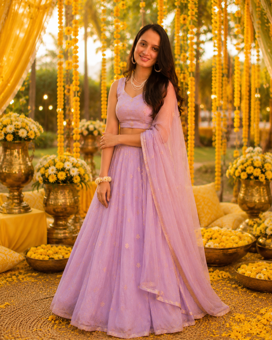 Woman in pastel lavender lehenga at Haldi